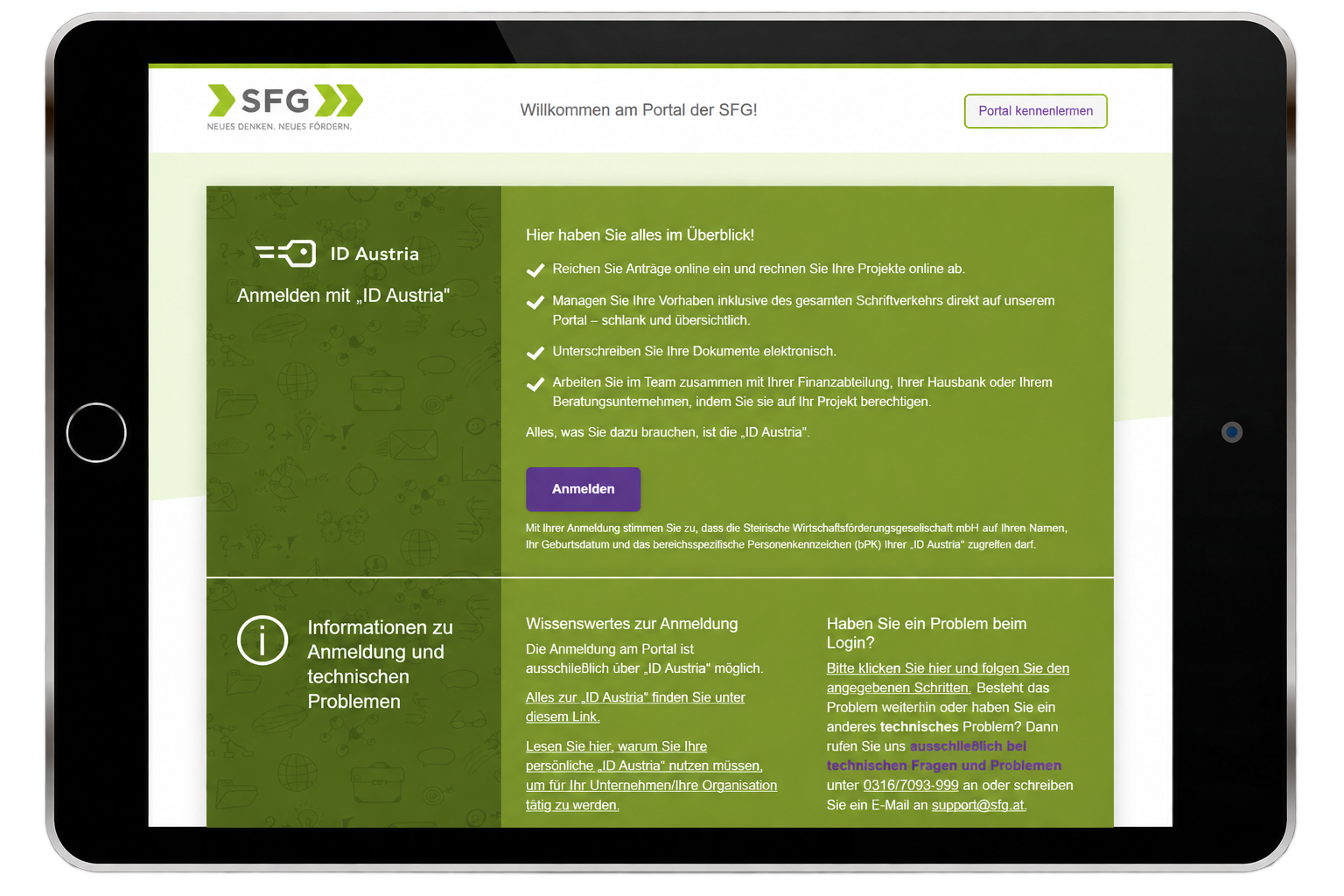 SFG Förderungsportal Startseite auf Tablet